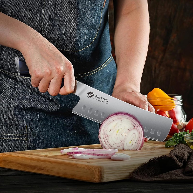 FINTISO 7" Nakiri Knife, Vegetable Chopping Knife with G10 Ergonomic Handle, Japanese High Carbon Stainless Steel Sharp Kitchen Cleaver in Gift Box - Image 3